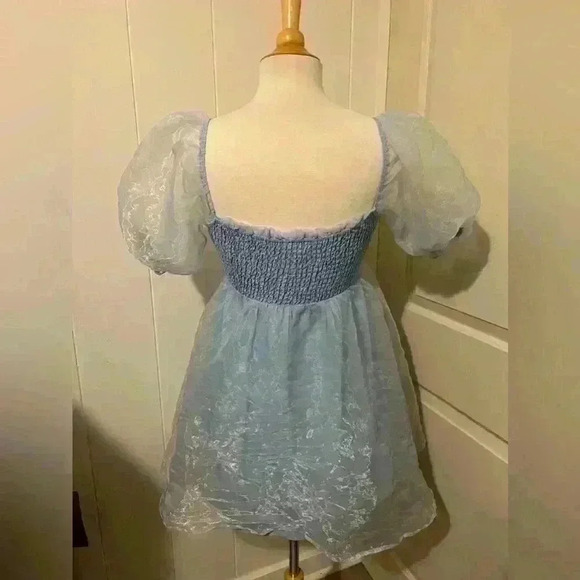 Mable BABYDOLL MINI DRESS Blue Puff Sleeve Cinderella Cosplay Coquette Fairy - Picture 3 of 6